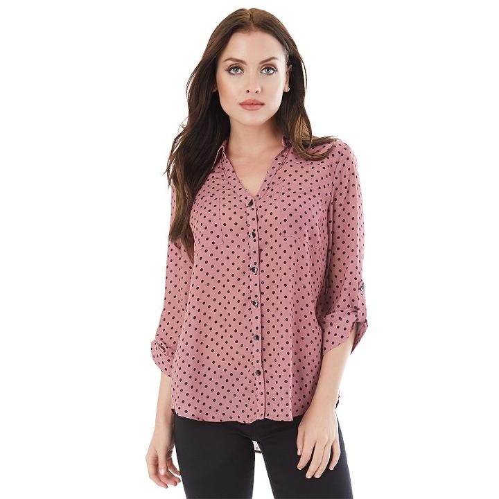 Juniors' Iz Byer California Roll-tab Button Down Shirt, Teens, Size: Large, Mauve Black Dot