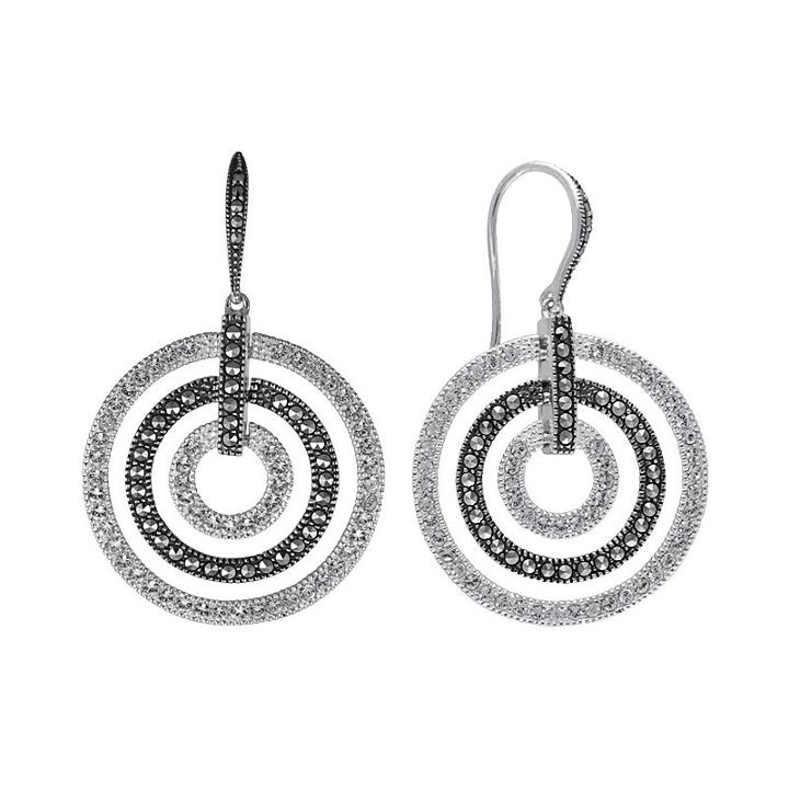 Lavish By Tjm Sterling Silver Crystal Concentric Hoop Drop Earrings - Made With Swarovski Marcasite, Women's, White