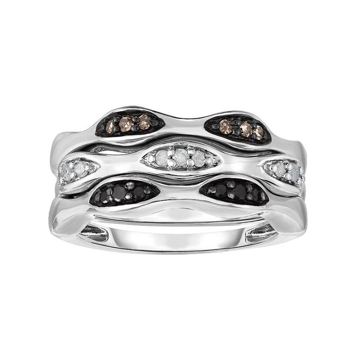 Sterling Silver 1/4 Carat T.w. Black, White & Champagne Diamond Stack Ring Set, Women's, Size: 7, Multicolor