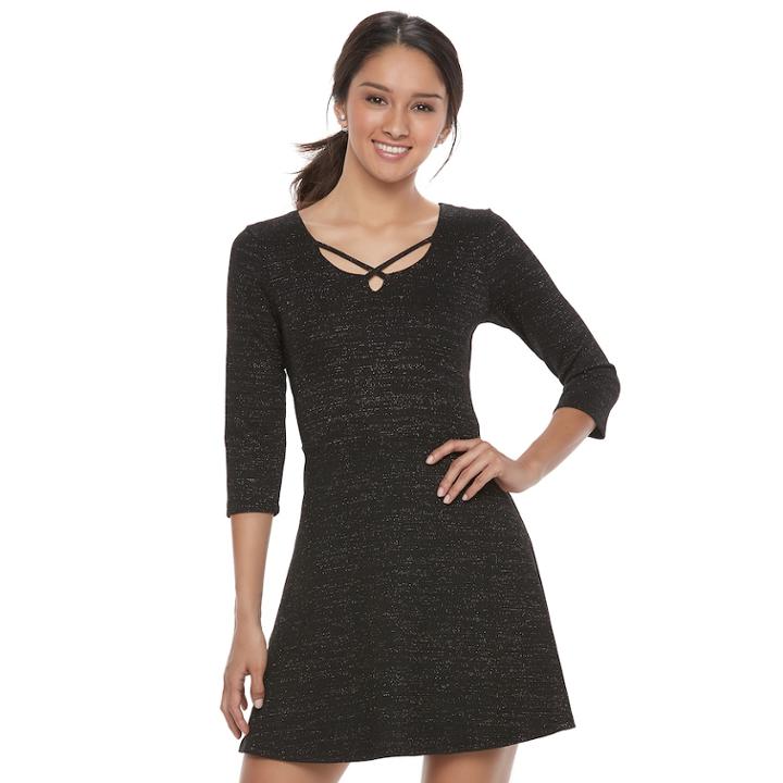 Juniors' Trixxi Glitter Cutout Skater Dress, Teens, Size: Medium, Black