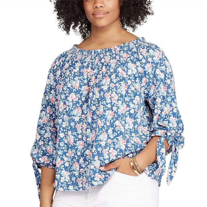 Plus Size Chaps Floral Smocked Peasant Top, Women's, Size: 3xl, Blue (navy)