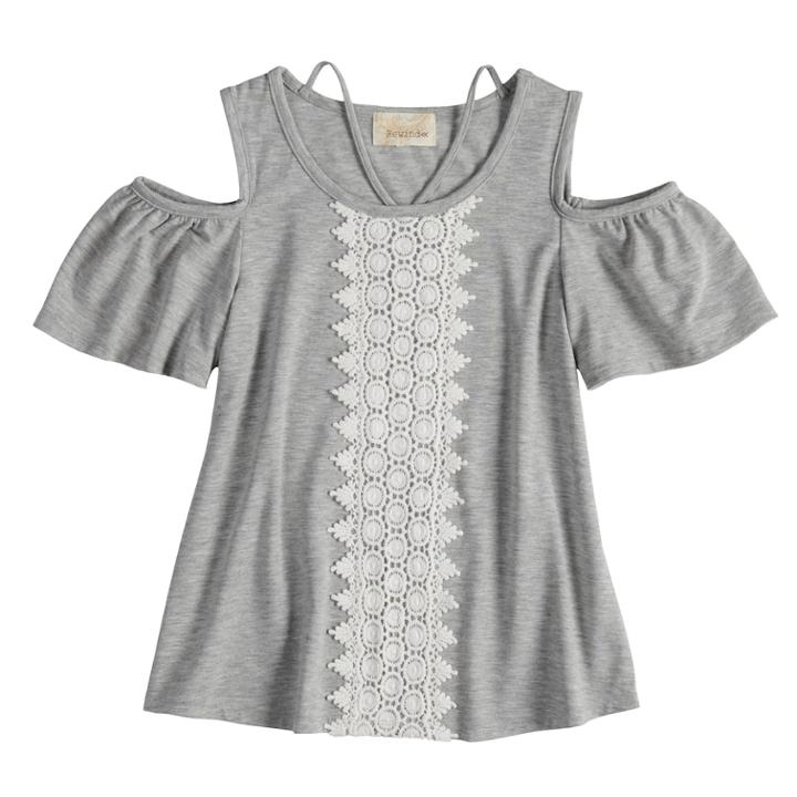 Girls 7-16 Rewind Crochet Front Cold Shoulder Top, Size: Medium, Grey