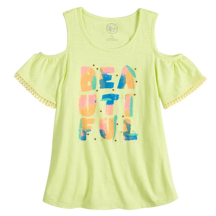 Girls 7-16 & Plus Size So&reg; Cold Shoulder Pom-pom Trim Graphic Tee, Size: 18 1/2, Brt Yellow