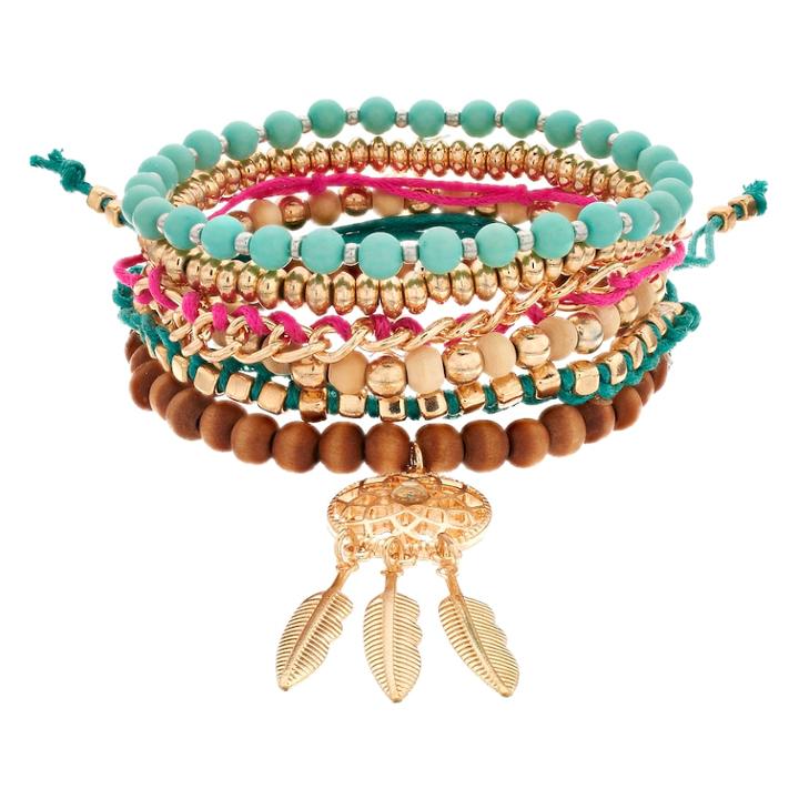 Bead & Feather Stretch Bracelet Set, Women's, Multicolor