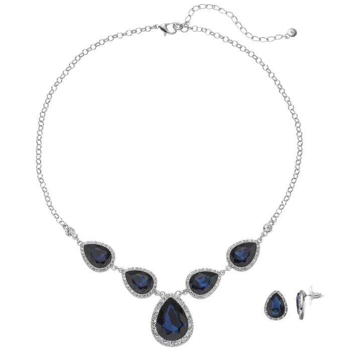 Simulated Crystal Teardrop Necklace & Earring Set, Women's, Navy