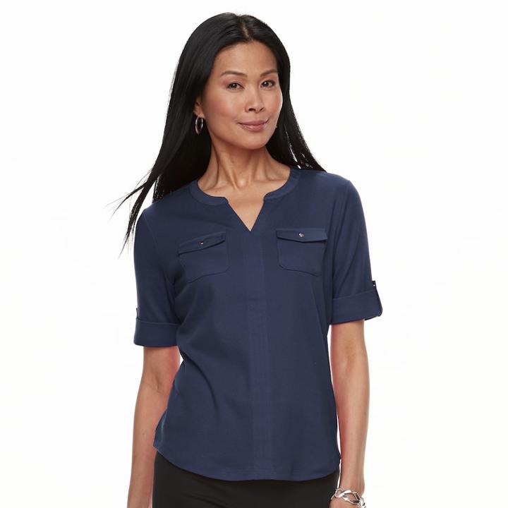 Petite Croft & Barrow&reg; Splitneck Button-tab Tee, Women's, Size: M Petite, Dark Blue