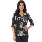 Juniors' Iz Byer California Roll-tab Shirt, Teens, Size: Small, Black Ivory Floral