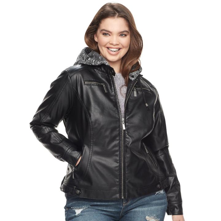 Juniors' Plus Size J-2 Removable Hood Faux-leather Jacket, Teens, Size: 1xl, Black