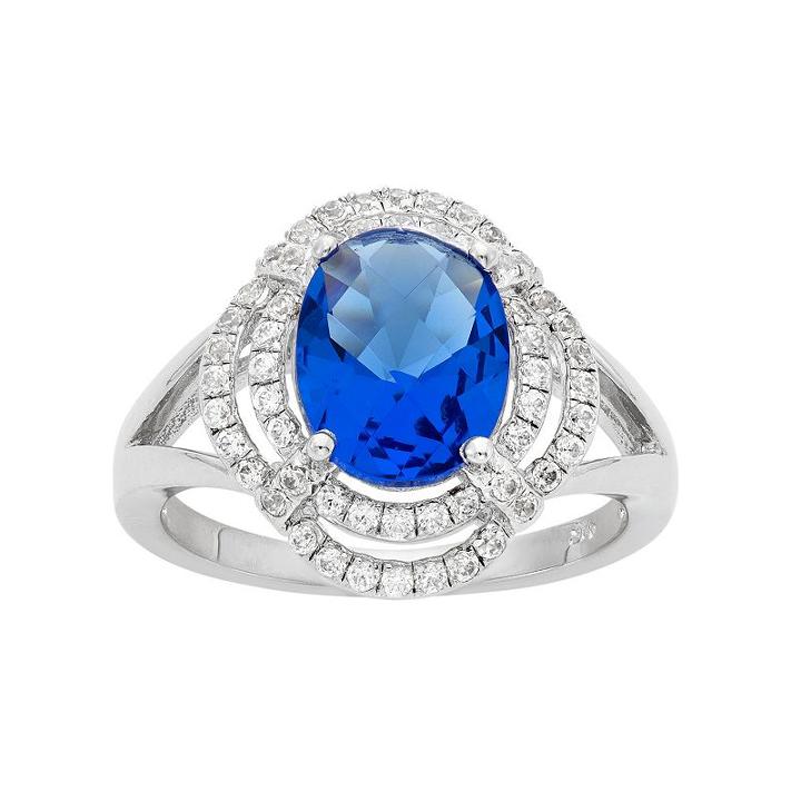 Blue Obsidian And Cubic Zirconia Platinum Over Silver Tiered Oval Halo Ring, Women's, Size: 7