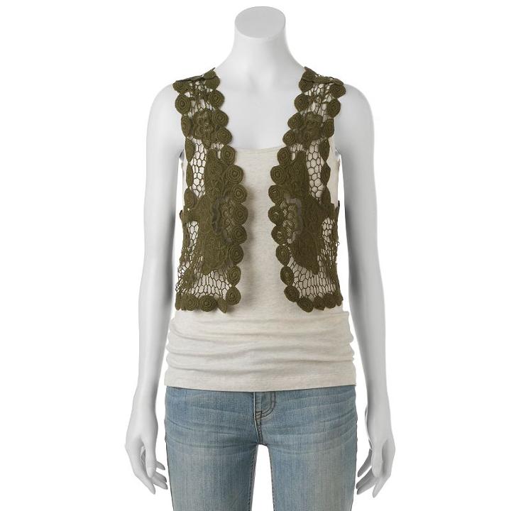 Mudd® Crochet Floral Lace Vest, Women's, Med Green