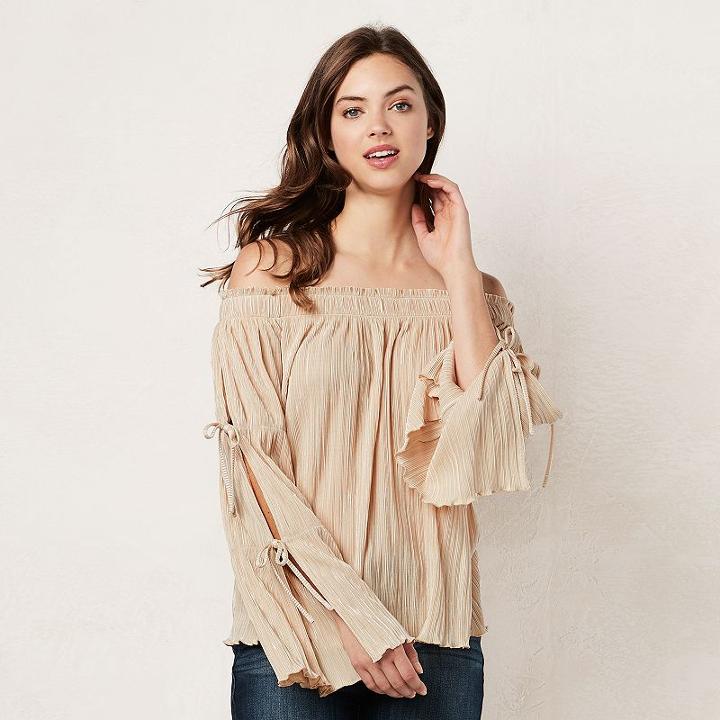 Women's Lc Lauren Conrad Smocked Off-the-shoulder Top, Size: Xxl, Beig/green (beig/khaki)