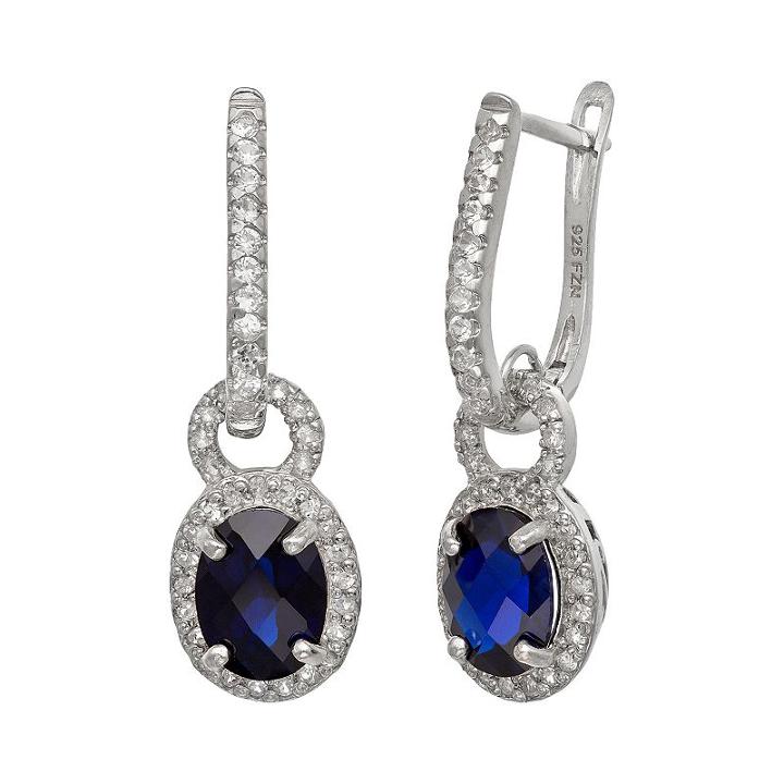 Sterling Silver Lab-created Blue And White Sapphire Oval Halo Drop Earrings, Women's