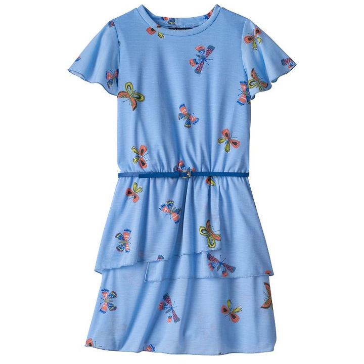 Girls 7-16 Three Pink Hearts Patterned Tiered Ringer Dress With Belt, Girl's, Size: 8, Blue Other
