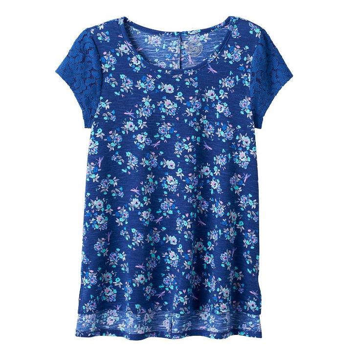 Girls 7-16 & Plus Size So&reg; Floral Lace Sleeve Tee, Girl's, Size: 10, Blue (navy)