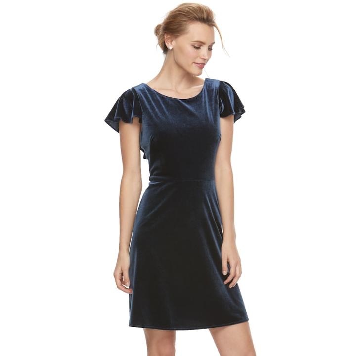 Petite Suite 7 Velvet Flutter Sleeve Dress, Women's, Size: 6 Petite, Blue (navy)