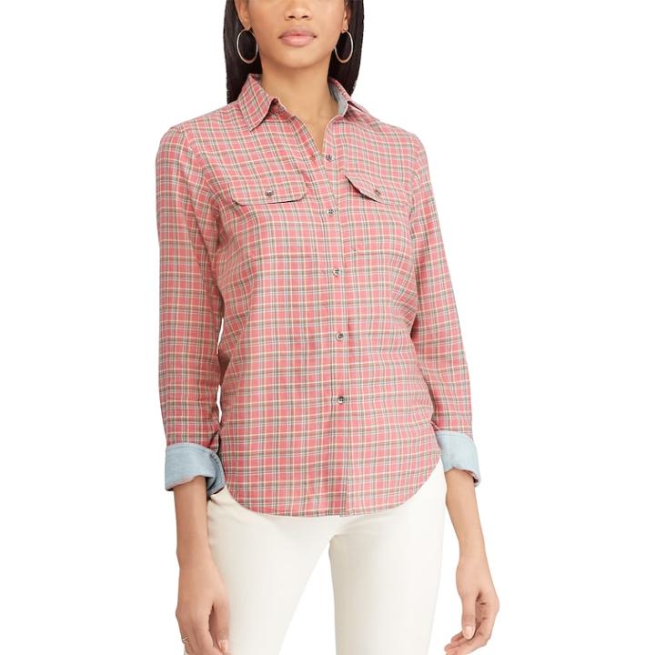 Women's Chaps Plaid Twill Button-down Shirt, Size: Xxl, Pink