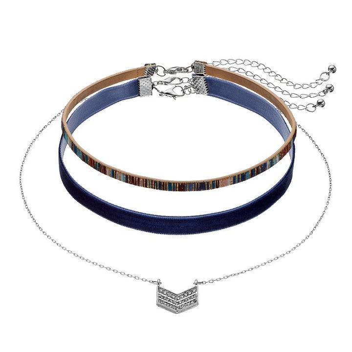 Mudd&reg; Chevron & Navy Faux Suede Choker Necklace Set, Women's, Blue