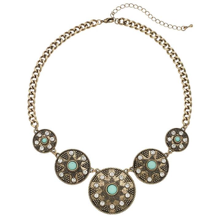 Aqua Cabochon Antiqued Medallion Statement Necklace, Women's, Turq/aqua