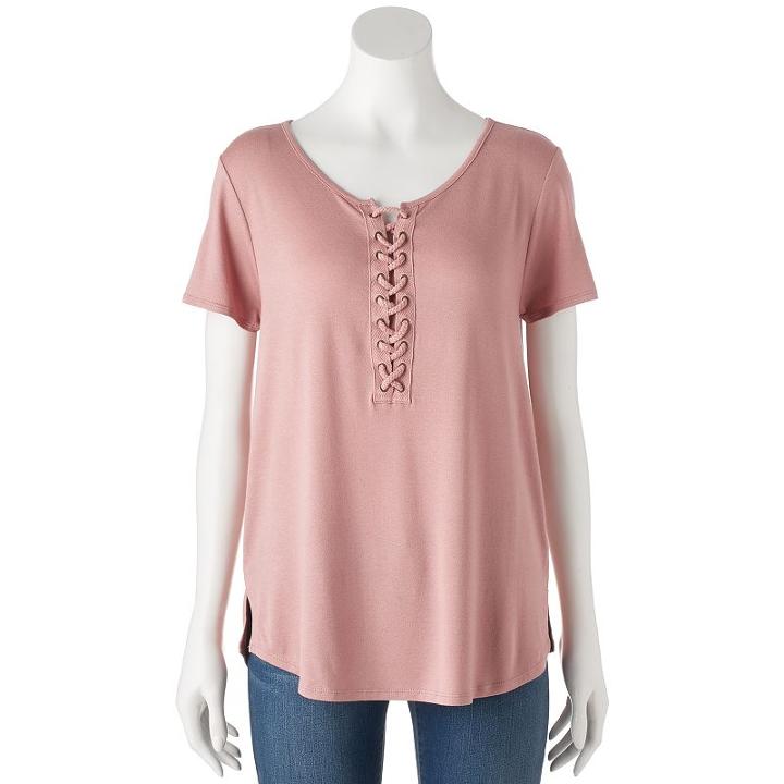 Juniors' Pink Republic Lace-up Swing Tee, Teens, Size: Large, Lt Beige