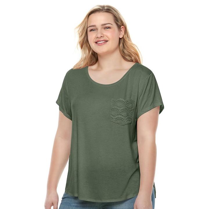 Juniors' Plus Size So&reg; Crochet Pocket Tee, Girl's, Size: 3xl, Med Green
