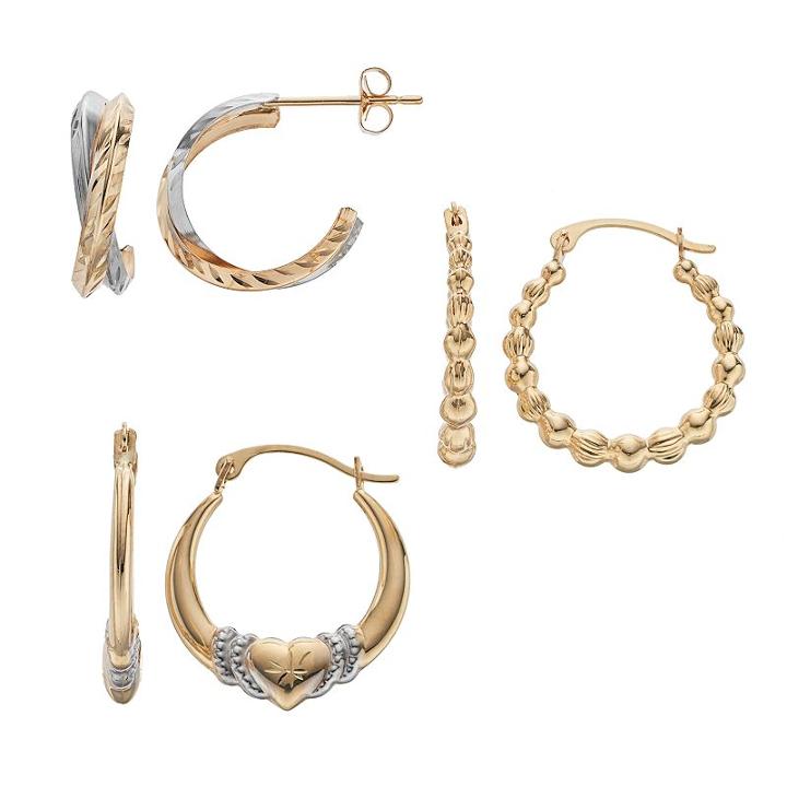 Forever 14k Two Tone Textured & Heart Hoop Earring Set, Women's, Gold