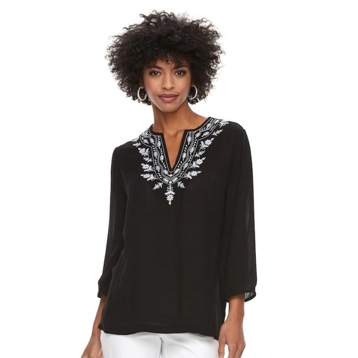 Women's Cathy Daniels Embroidered Splitneck Top, Size: Large, Black
