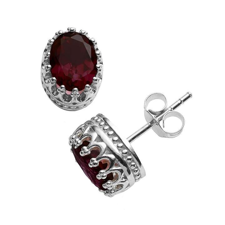 Tiara Sterling Silver Garnet Oval Crown Stud Earrings, Women's, Red