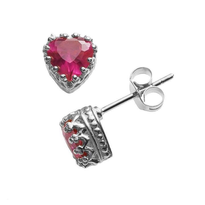 Sterling Silver Lab-created Ruby Heart Crown Stud Earrings, Women's, Red