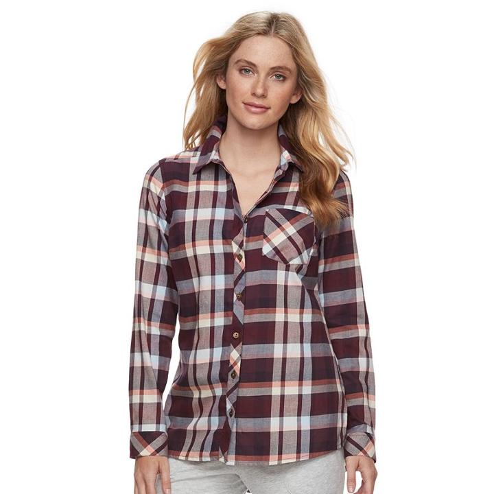 Petite Sonoma Goods For Life™ Essential Plaid Flannel Shirt, Women's, Size: Xl Petite, Dark Red