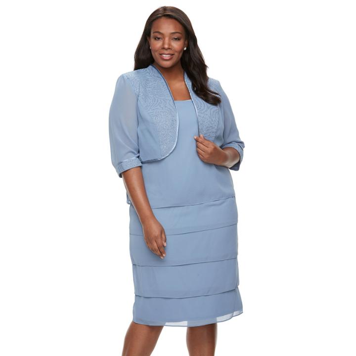 Plus Size Le Bos Illusion-panel Jacket & Tiered Dress, Women's, Size: 22 W, Med Blue