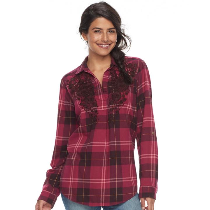 Women's Sonoma Goods For Life&trade; Embroidered Plaid Popover Top, Size: Small, Med Red