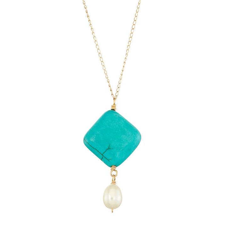 14k Gold Simulated Turquoise & Freshwater Cultured Pearl Y Necklace, Women's, Size: 17, Blue