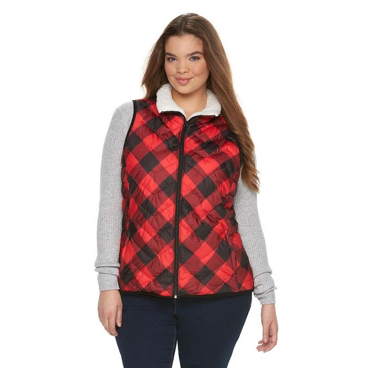 Juniors' Plus Size So&reg; Sherpa Plaid Puffer Vest, Girl's, Size: 2xl, Med Red