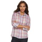 Women's Caribbean Joe Plaid Roll-tab Shirt, Size: Large, Pink Other