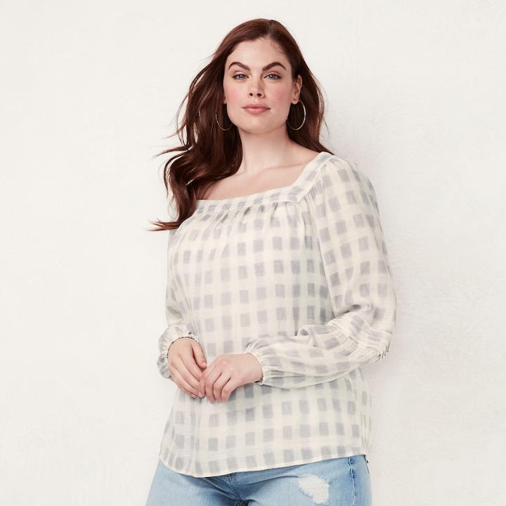 Plus Size Lc Lauren Conrad Love, Lauren Shirred Peasant Top, Women's, Size: 2xl, Grey