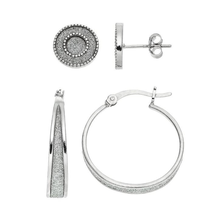 Platinum Over Silver Stud & Hoop Earring Set, Women's, Grey