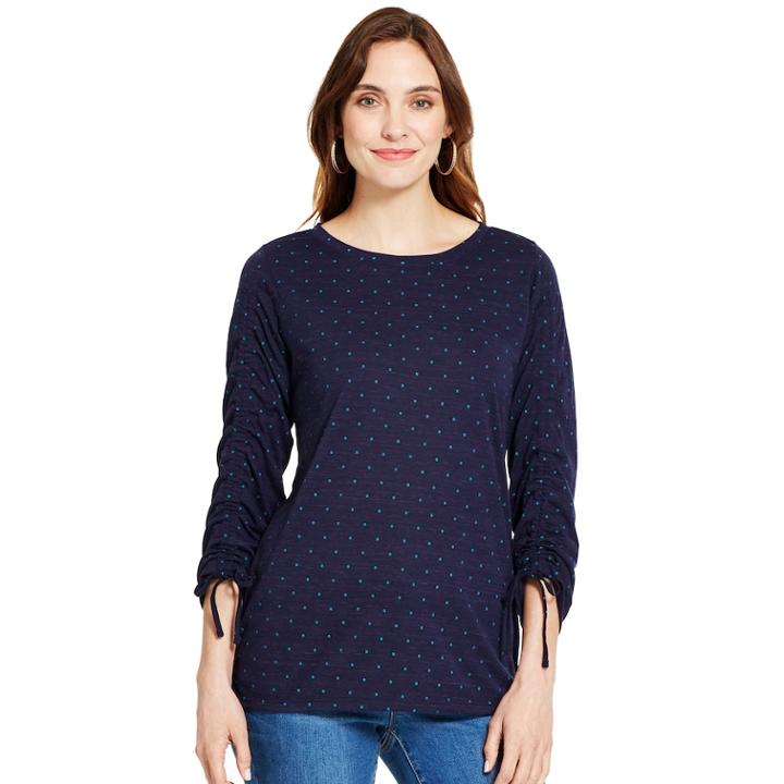 Women's Izod Dot Ruched-sleeve Top, Size: Large, Blue (navy)