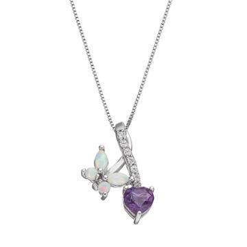 Sterling Silver Lab-created Opal & Amethyst Butterfly & Heart Pendant Necklace, Women's, Size: 18, Purple