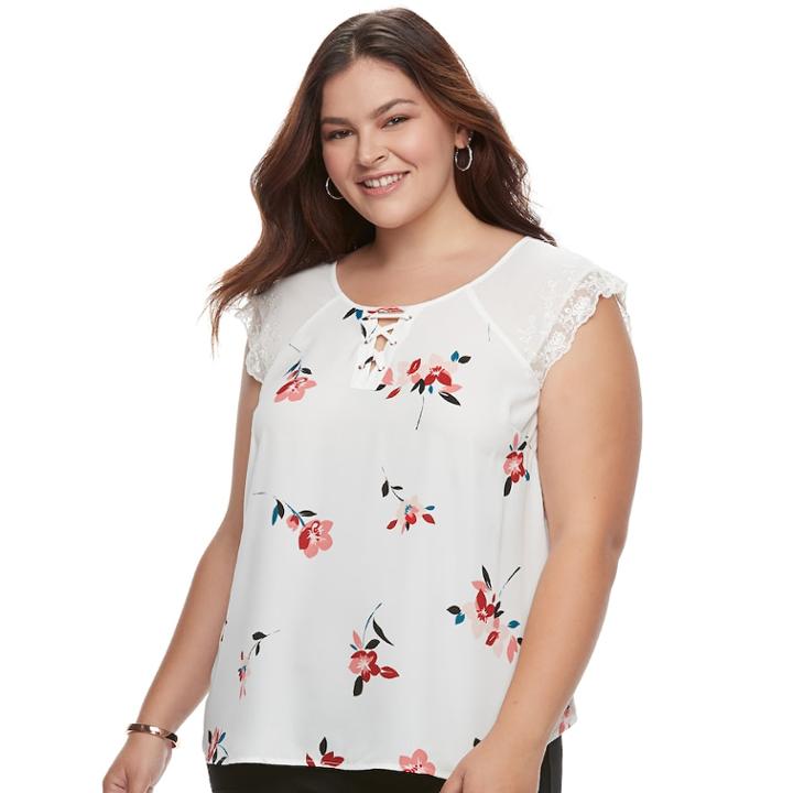 Juniors' Plus Size Candie's&reg; Floral Lace-up Flutter Top, Teens, Size: 2xl, White