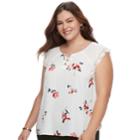 Juniors' Plus Size Candie's&reg; Floral Lace-up Flutter Top, Teens, Size: 2xl, White