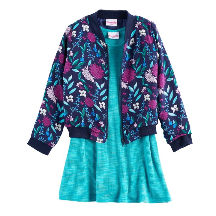 Girls 4-6x Nanette Floral Bomber Jacket & Skater Dress Set, Size: 5, Blue