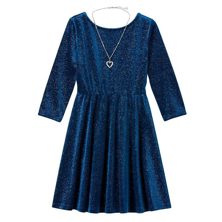 Girls Plus Size Lilt Glitter Velvet 3/4-length Sleeve Skater Dress With Necklace, Girl's, Size: 16 1/2, Dark Green