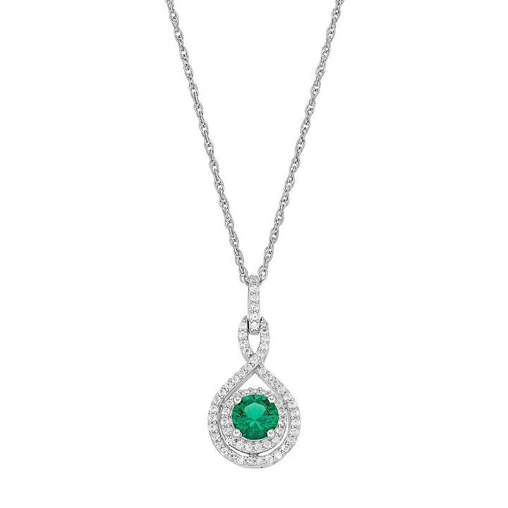 Sterling Silver Lab-created Emerald & White Sapphire Halo Twist Pendant, Women's, Green