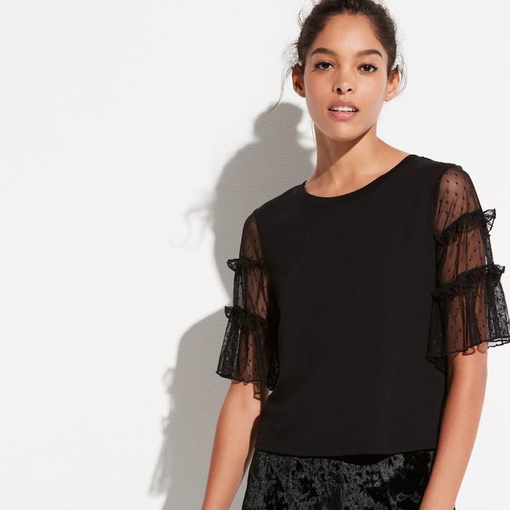 K/lab Dot Mesh Sleeve Top, Size: Small, Black