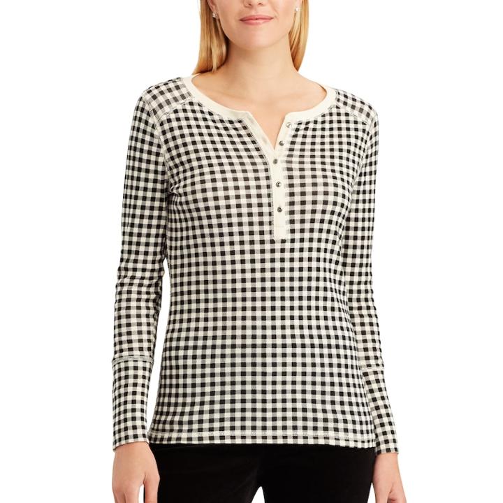 Women's Chaps Plaid Cotton Henley, Size: Medium, Natural