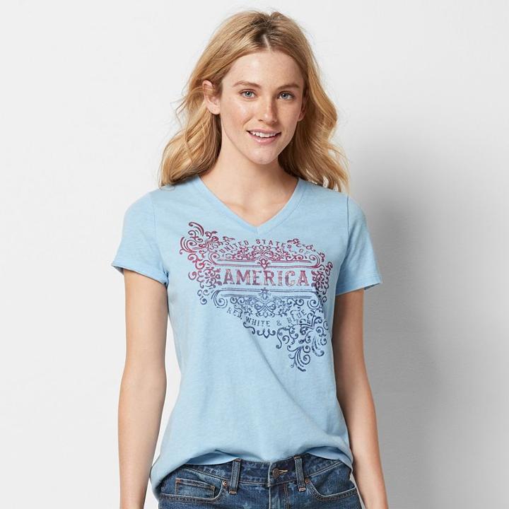 Women's Patriotic Graphic V-neck Tee, Size: Xl, Med Blue