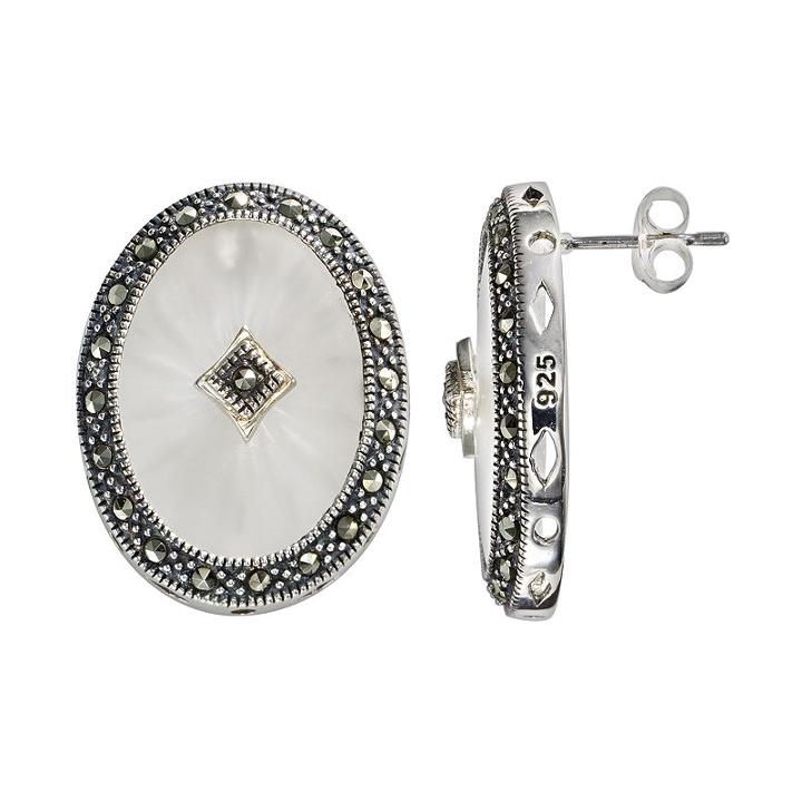 Lavish By Tjm Sterling Silver Sunray Crystal Oval Frame Stud Earrings - Made With Swarovski Marcasite, Women's, Grey