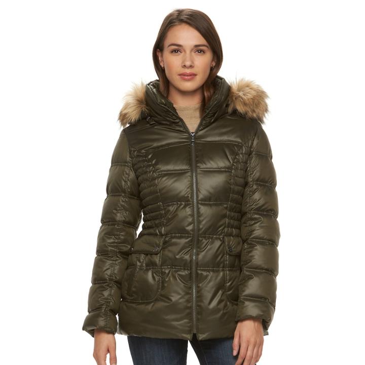 Women's Halitech Hooded Faux-fur Trim Puffer Jacket, Size: Medium, Green
