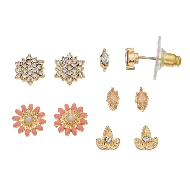 Lc Lauren Conrad Flower, Leaf & Marquise Nickel Free Stud Earring Set, Women's, Pink