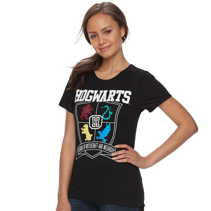 Juniors' Harry Potter Hogwarts High-low Graphic Tee, Teens, Size: Medium, Black